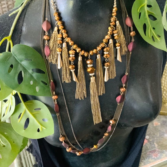 Two Stunning Golden Bronze NECKLACES Gold TASSEL  ⭐️GLASS FACETED BEAD - Picture 15 of 17